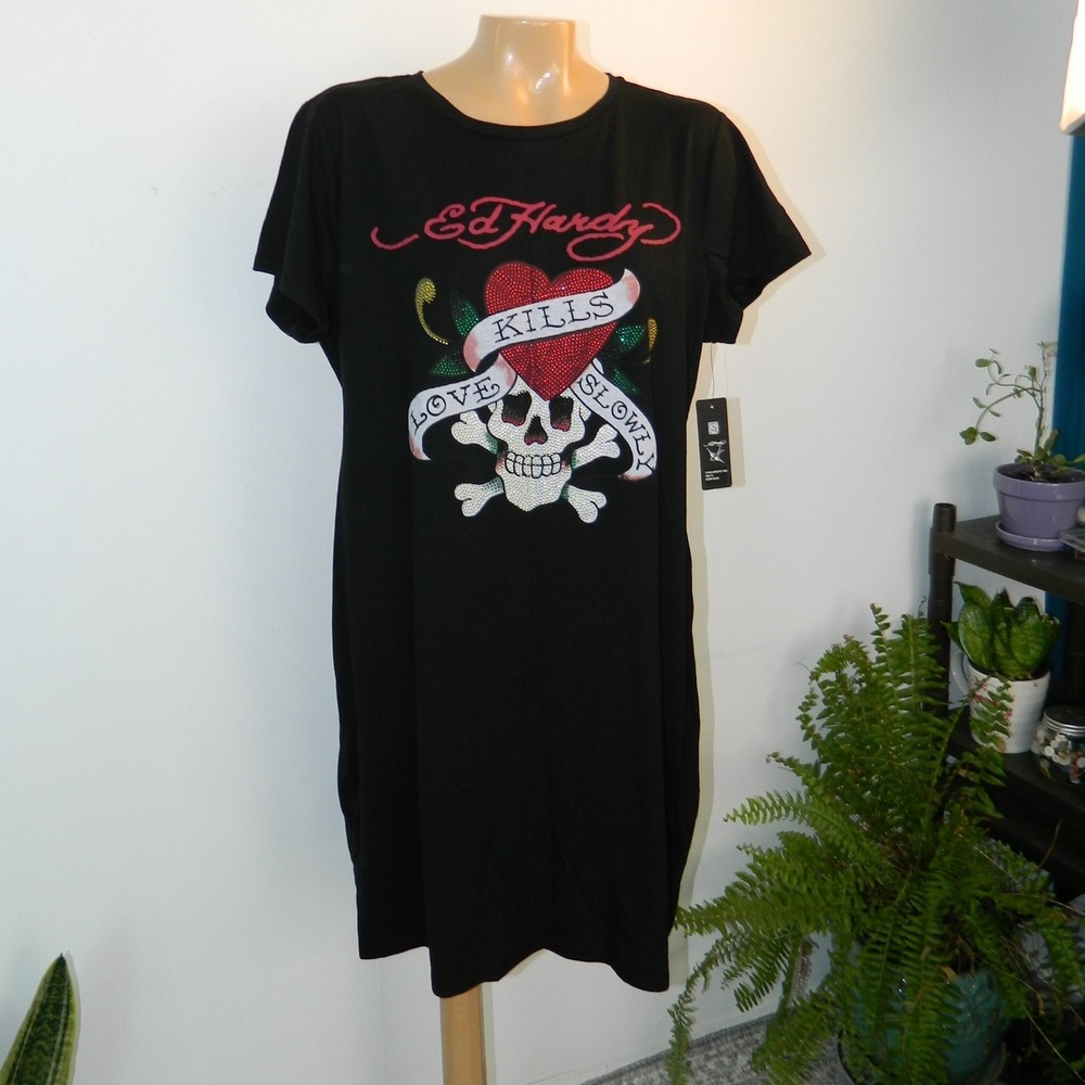 Ed Hardy Tee Tunic Womens 1X Black Love Kills Slowly Rhinestone Skull Y2K New